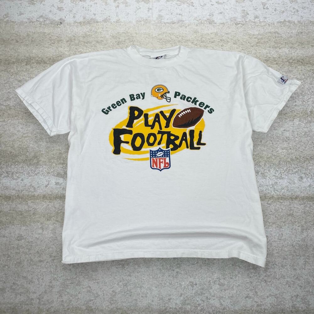 Vintage 90s Packers Shirt Mens XL White Cotton Football Green Bay Short Sleeve